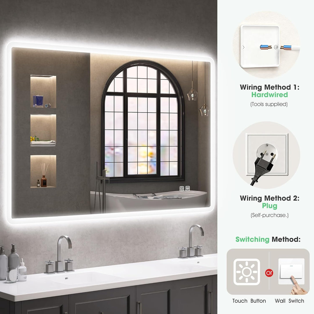 S'bagno Badspiegel-mit-Beleuchtung 100x70cm, Led-Badezimmerspiegel-mit-Licht, Entfoggen, 3 Farben, D