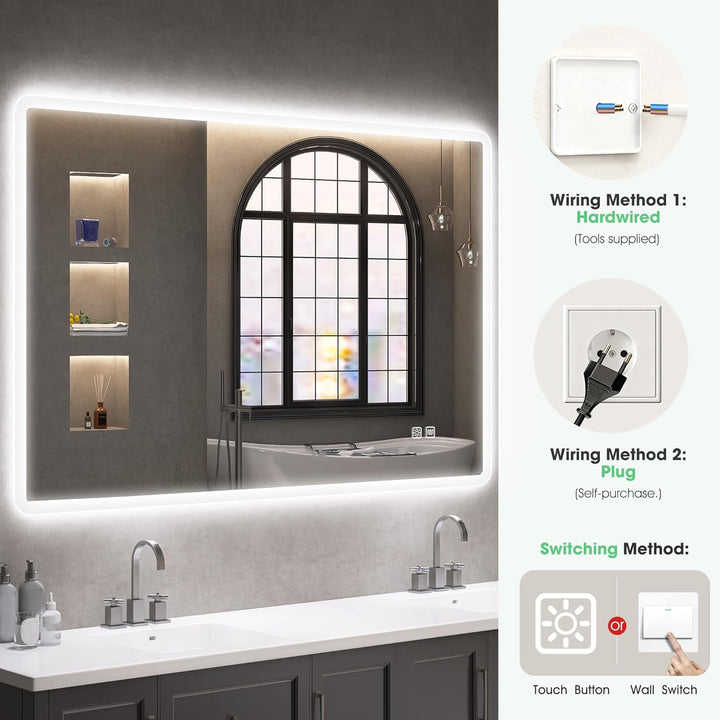 S'bagno Badspiegel-mit-Beleuchtung 100x70cm, Led-Badezimmerspiegel-mit-Licht, Entfoggen, 3 Farben, D