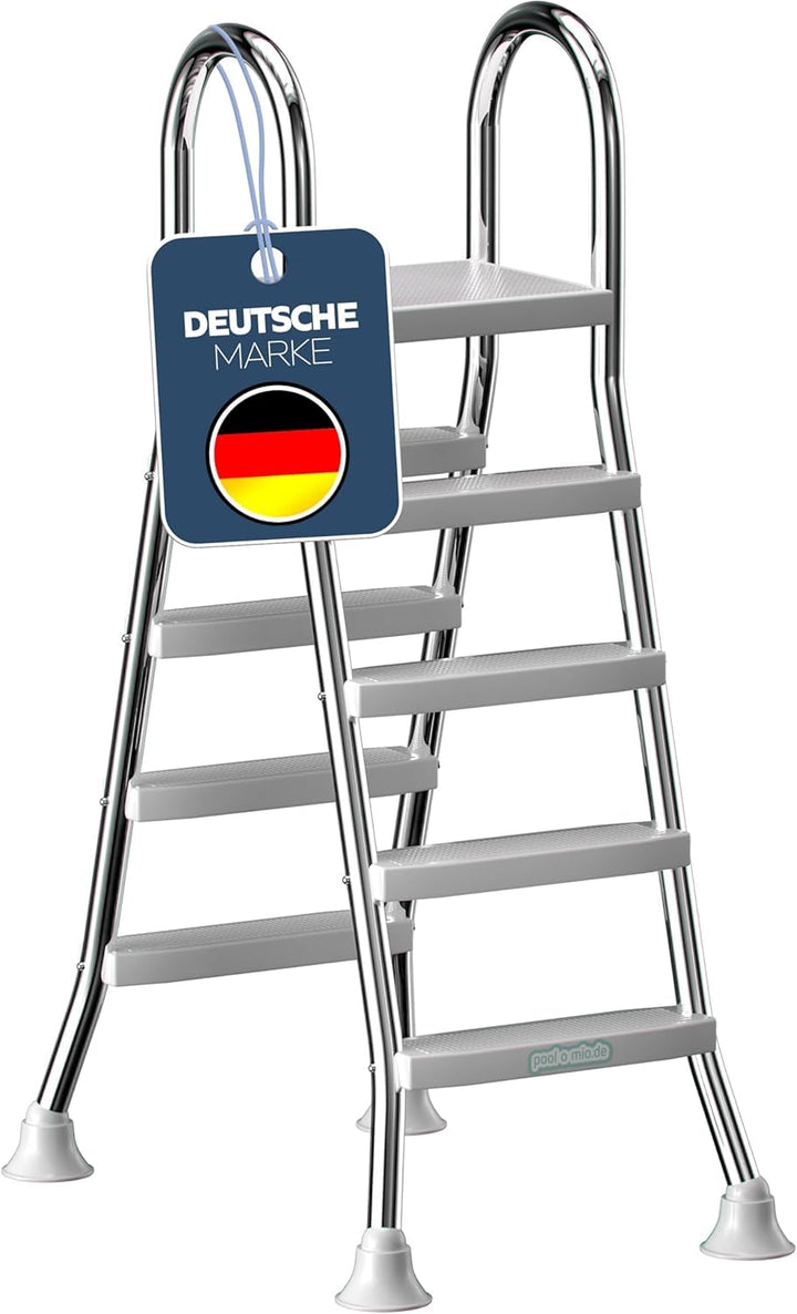 poolomio® Poolleiter Edelstahl mit Handlauf bis 120 cm | Einstiegsleiter mit 4 Stufen für Aufstellpo