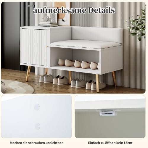 Merax Schuhbank mit Sitzfläche – Luxus Schuhregal mit gepolsterter Sitzbank und Rückenlehne, Metallg