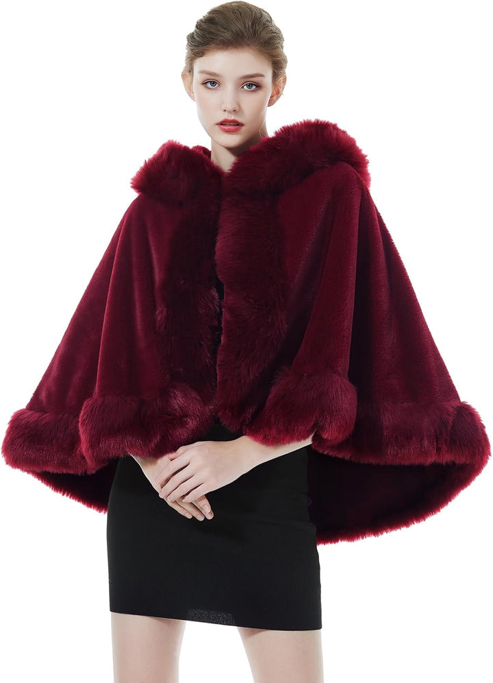 BEAUTELICATE Damen Kunstpelz Braut Umhang mit Kapuze Winter Braut Poncho Cape Kurz Warm Kunstpelz St