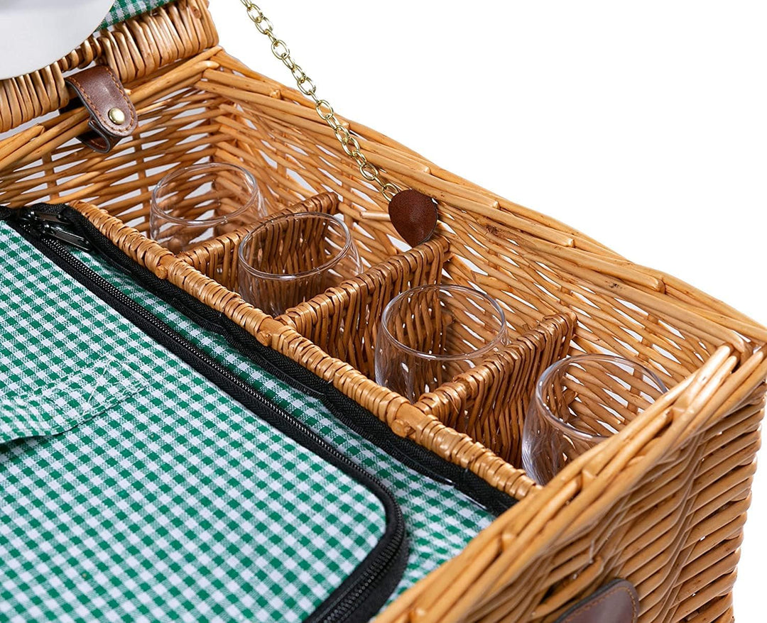 2 Handgefertigte Picknickkörbe für 4 Personen mit Kühlfach, Edelstahlbesteck, Porzellanteller, Weing