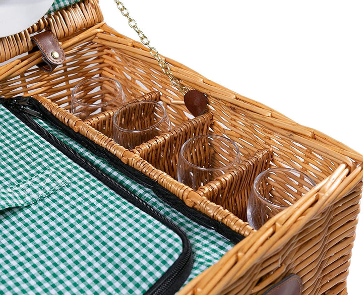 2 Handgefertigte Picknickkörbe für 4 Personen mit Kühlfach, Edelstahlbesteck, Porzellanteller, Weing