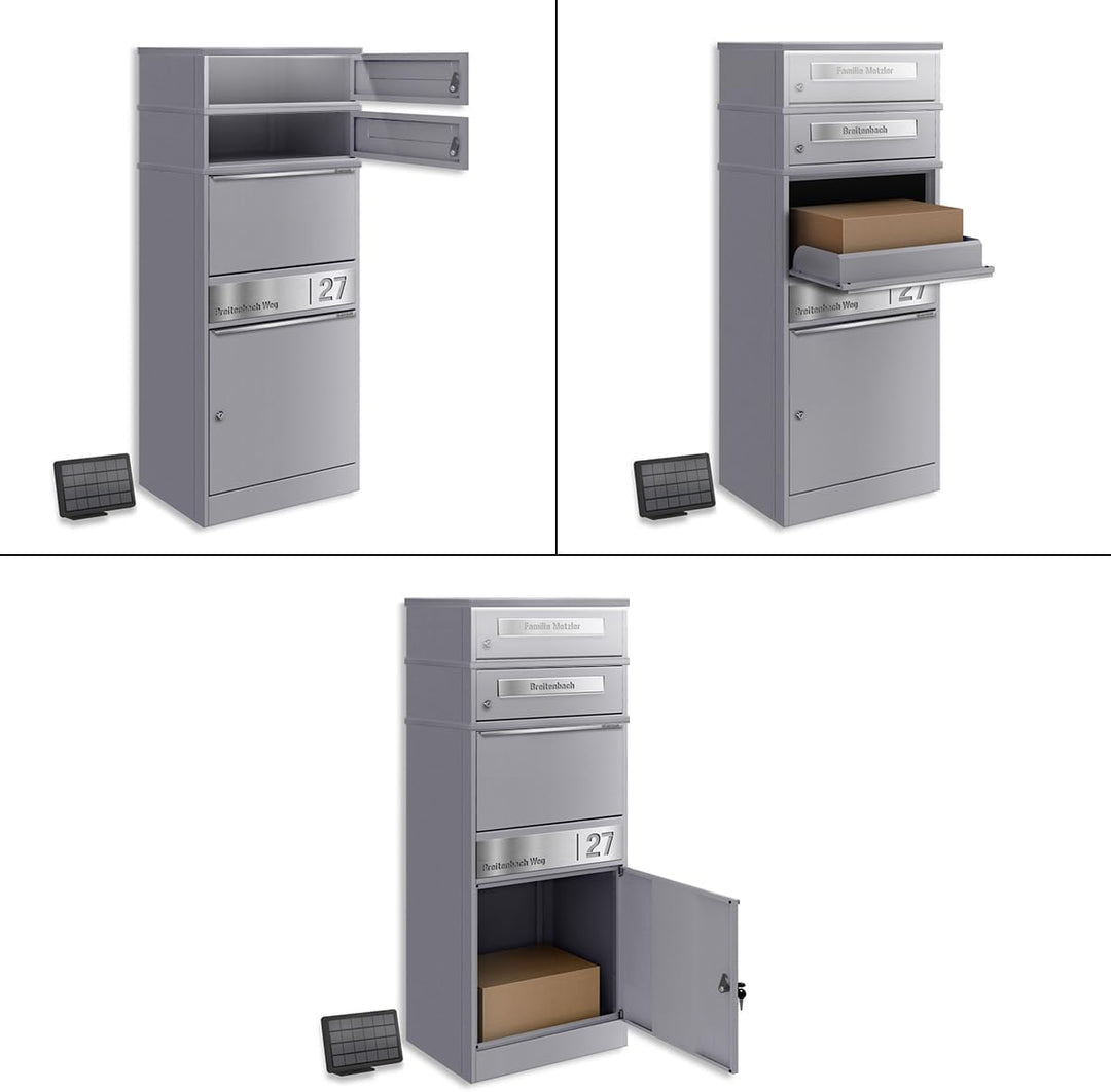 Metzler Paketbriefkasten mit LED-Beleuchtung und abschliessbarem Paketfach in Graualuminium, wetterf