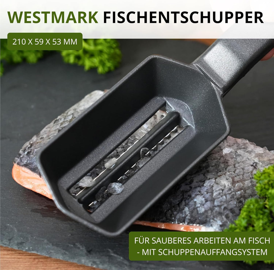 Westmark 65007760 Fischentschupper mit Schuppenauffangschale Black Edition – Aluminium, lebensmittel
