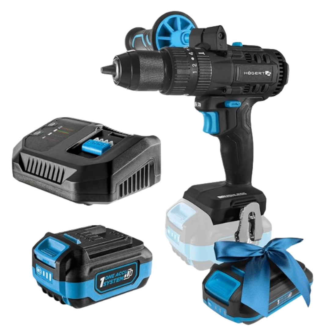 HÖGERT TECHNIK Bürstenloser Akku-Schlagbohrschrauber Set 18V, 80 Nm Drehmoment, 4,0 Ah Akku, 4A Lade