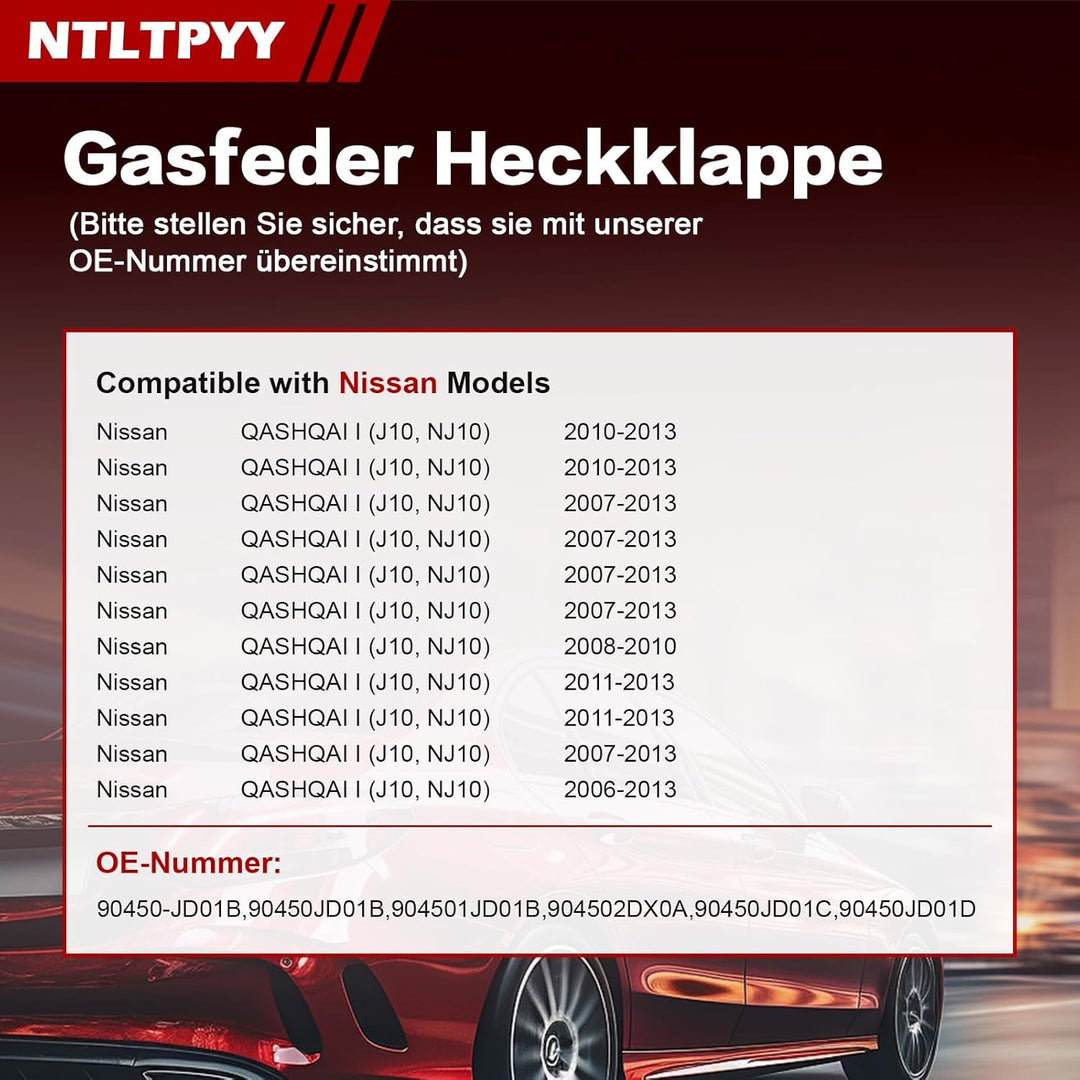 2pcs Gasdruckfeder kompatibel mit Nissan Qashqai I 2006-2013, Exakte 360N Heckklappendämpfer für san