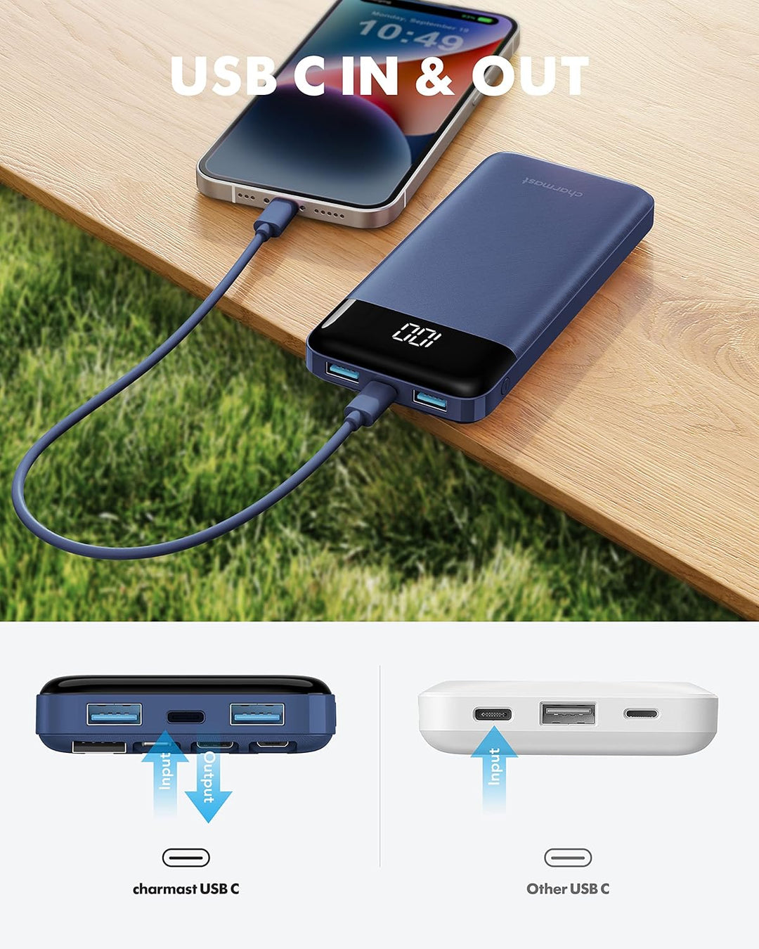 Charmast Externer Akku, 10.000 mAh, mit 4 integrierten Kabeln, tragbarer Akku, USB C, dünn, Power Ba