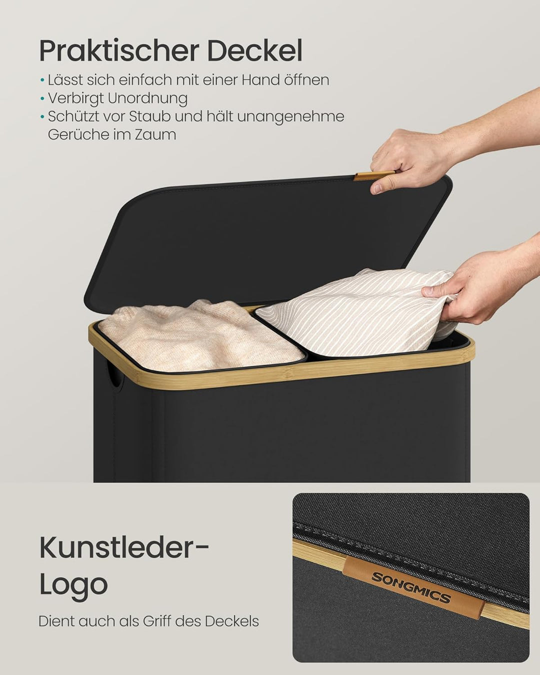 SONGMICS Wäschekorb mit Deckel, Wäschesammler, Wäschesortierer, Wäschetonne, Wäschesack herausnehmba