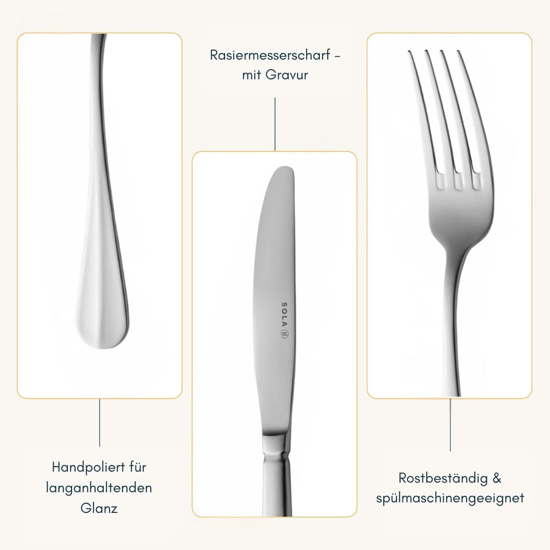 Sola Hollands Glad Besteck Set - 6 Personen Essbesteck - 50 Teilig, 18/10 Rostfreiem Stahl - Robuste