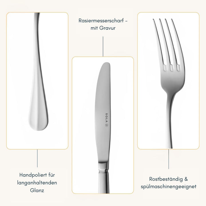 Sola Hollands Glad Besteck Set - 6 Personen Essbesteck - 50 Teilig, 18/10 Rostfreiem Stahl - Robuste