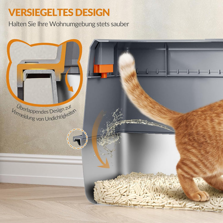 Katzenklo Edelstahl mit Deckel, XXL Geschlossene Katzenklo, Katzentoilette mit Trittstufe und Schauf
