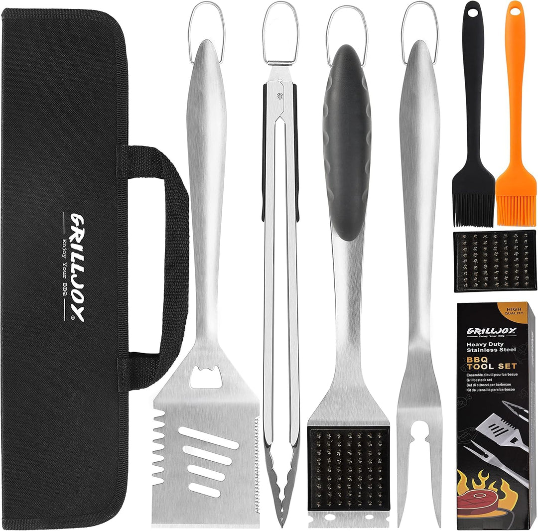 grilljoy 8-TLG Edelstahl Grillbesteck Set mit Grilltasche – Hochwertiges Grillzange Set für Garten &