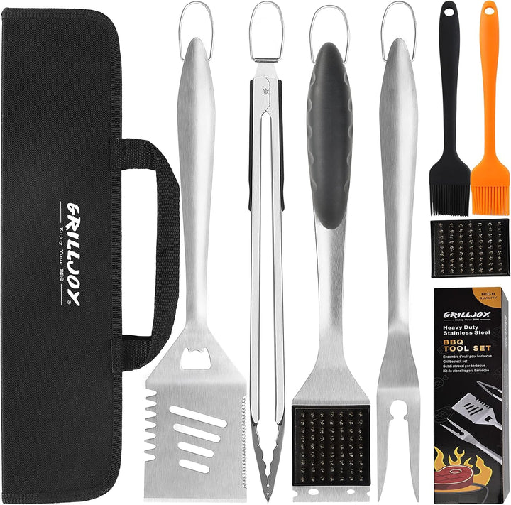 grilljoy 8-TLG Edelstahl Grillbesteck Set mit Grilltasche – Hochwertiges Grillzange Set für Garten &
