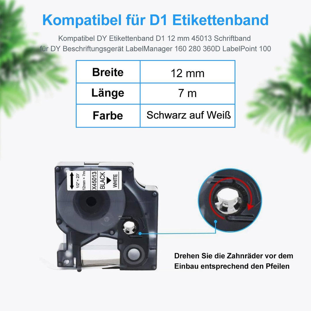 10x XemaX Schriftbänder Kompatibel für Dymo Etikettenband 12mm x 7m D1 45013 A45013 S0720530 für Dym