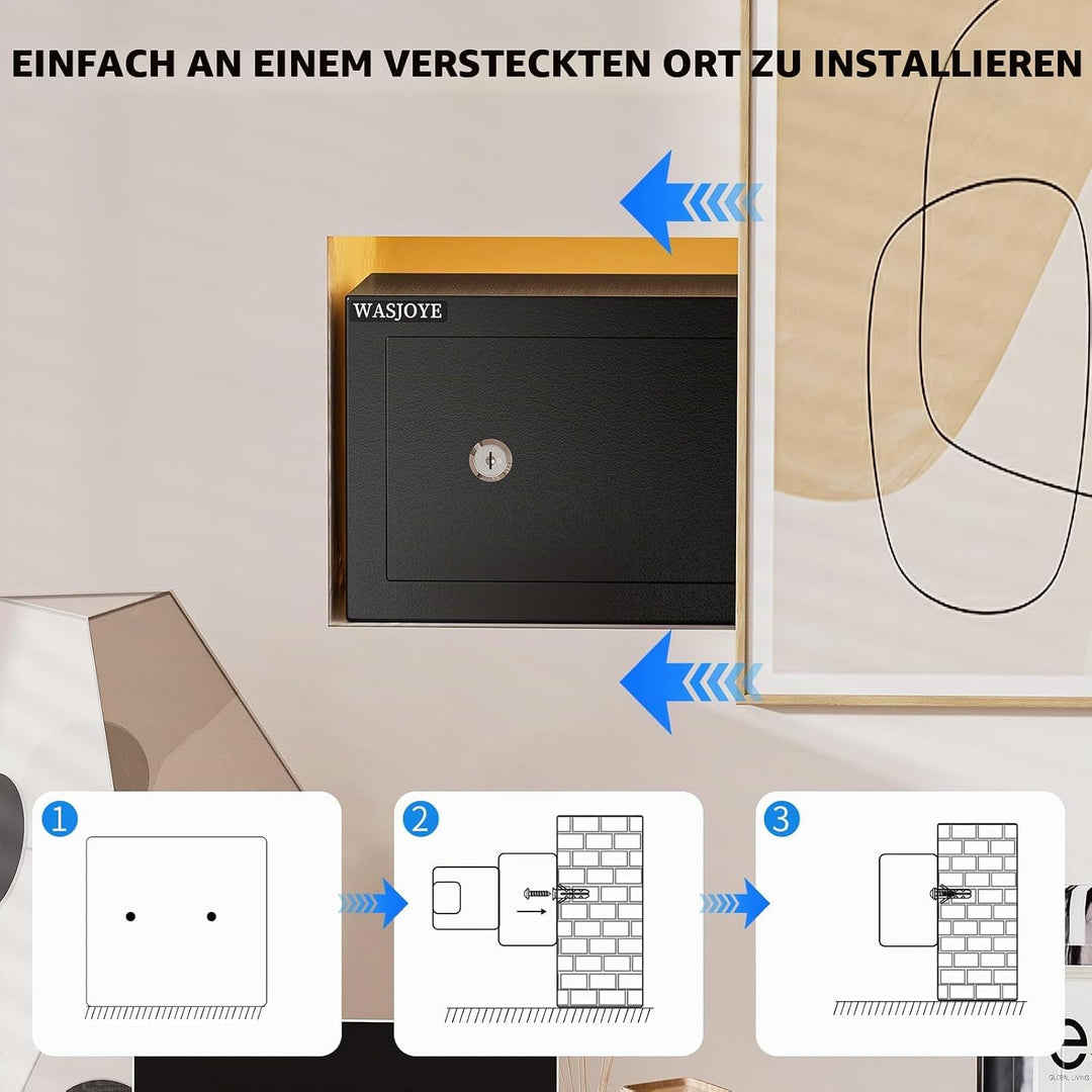 Mini Safe Tresor mit Schlüssel, WASJOYE Mini Tresor mit Schloss für Zuhause/Büro, 6.6L kleiner treso