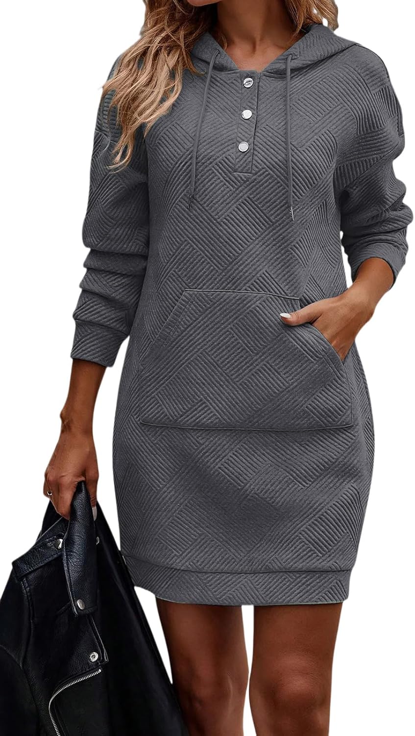 TrendiMax Damen Hoodie Kleid Herbst Übergangs Kapuzenpullover Sweatkleid Textur Knopf Langarm Sweats