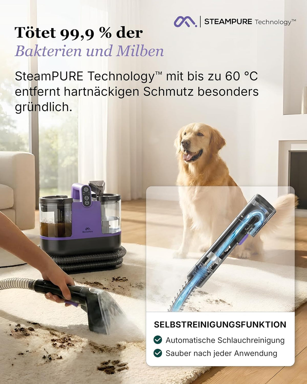 Motionflow Teppichreiniger Waschsauger mit Heizfunktion - 1200W Polsterreiniger Gerät für Teppiche,