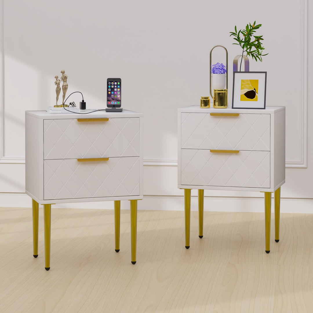 Nachttisch mit Ladestation, 2er Set, Nachtschrank mit 2 Schublade, 2 AC-Steckdosen, 2 USB-Anschlüsse