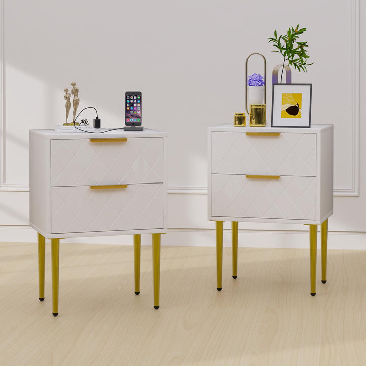 Nachttisch mit Ladestation, 2er Set, Nachtschrank mit 2 Schublade, 2 AC-Steckdosen, 2 USB-Anschlüsse