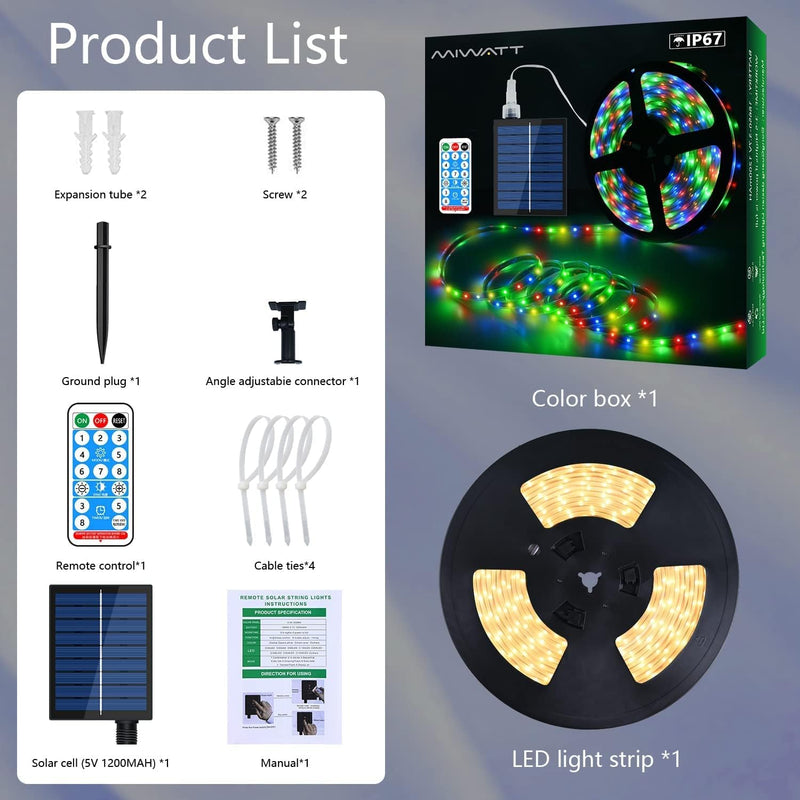 MIWATT Solar 10M LED Strip, warm white LED Streifen, LED Stripes mit 17 Tasten RF Fernbedienung, 560