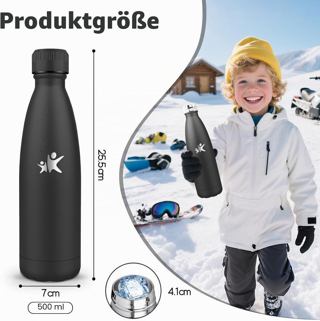 Trinkflasche Edelstahl, Trinkflasche Kinder, 500ML BPA-frei, Thermosflasche, Wasserflasche Doppelwan
