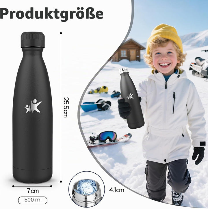 Trinkflasche Edelstahl, Trinkflasche Kinder, 500ML BPA-frei, Thermosflasche, Wasserflasche Doppelwan