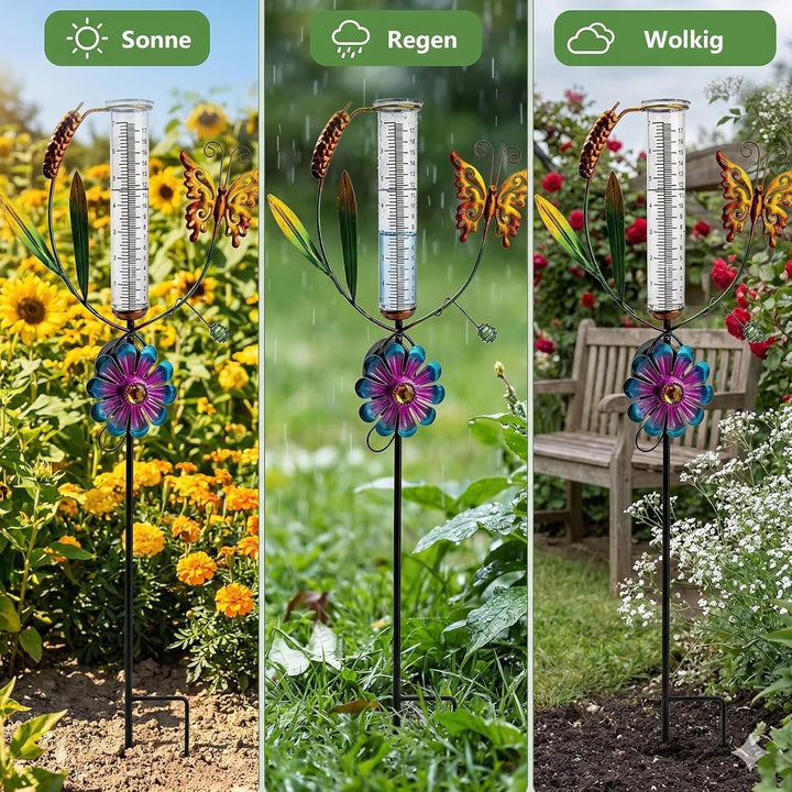 HOSPAOP Solar Regenmesser für Garten mit Erdspiess und LED, Niederschlagsmesser Frostsicher Glas für