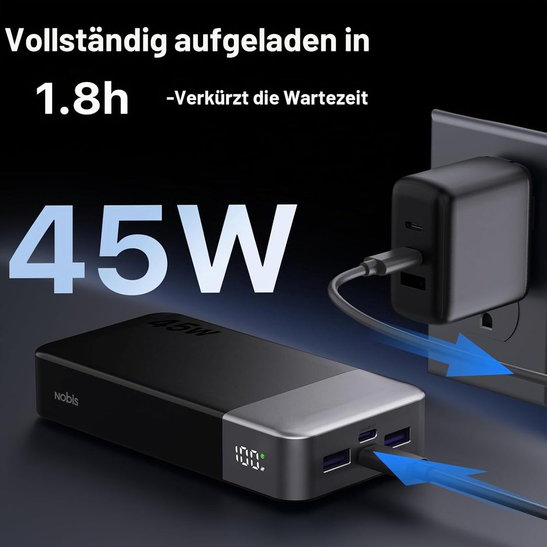 NOBIS 45W Power Bank Powerbank 20000mAh Schnellladung, 2×USB‑C (in/Out) & 2×USB‑A, Digitalanzeige &
