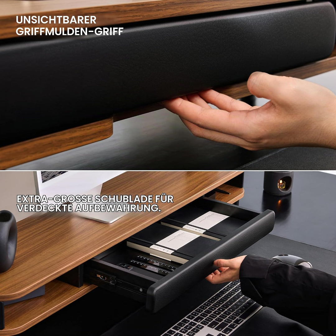 Fenge Dual Monitorständer mit Schublade, 108cm Bildschirmerhöhung mit Aluminiumbeinen &amp; Ledergriff,