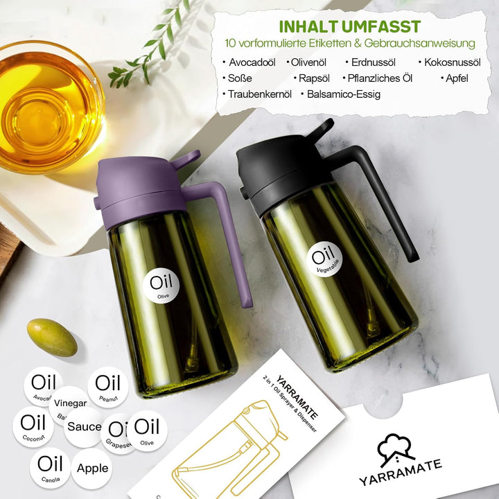 YARRAMATE 2 Stück 470ml Ölsprüher zum Kochen, 2-in-1 UV Schutz ölzerstäuber für die Küche, hochwerti