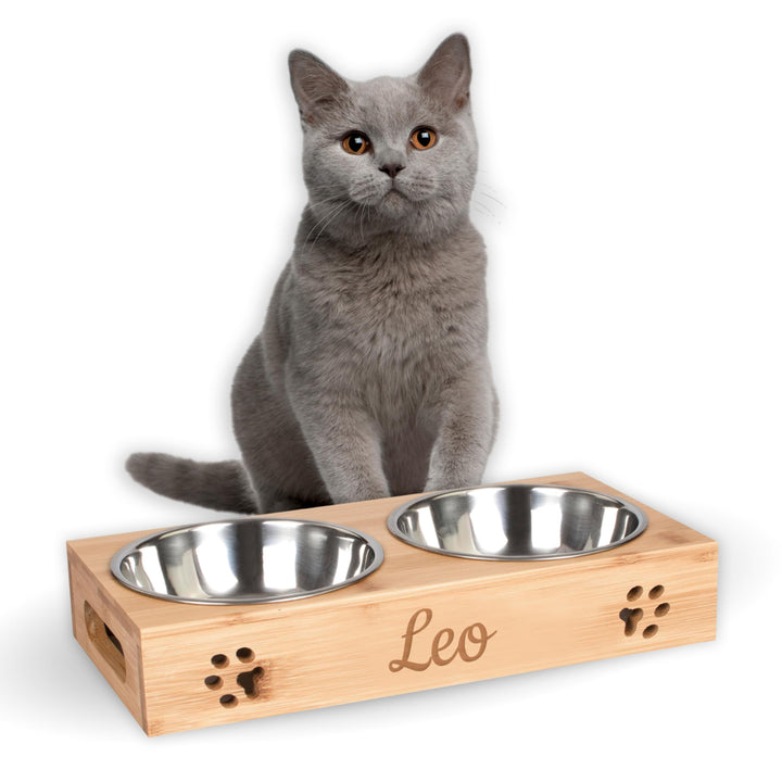 LAUBLUST Futterstation mit Name Personalisiert für Katze - Natur | 31x15x6 cm - Futternapf & Wassern