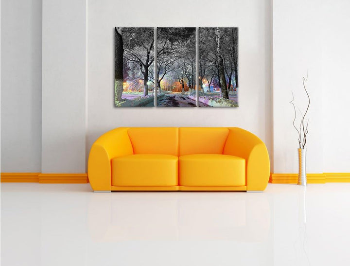 Pixxprint Baumallee im Winter Schwarz/Weiss 3-Teiler Leinwandbild 120x80 Bild auf Leinwand