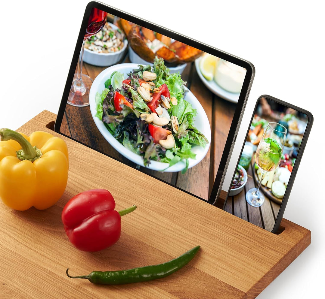 Edeldings Schneide- und Servierbrett aus hochwertiger Eiche 40 х 30 cm gross mit Tablethalterung | A