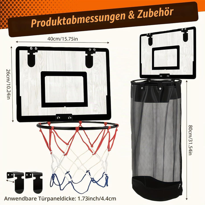 2-in-1 Basketballkorb Wäschekorb Hängender Mini Basketball Korb Tür Wäschesammler aus Holz mit Reiss