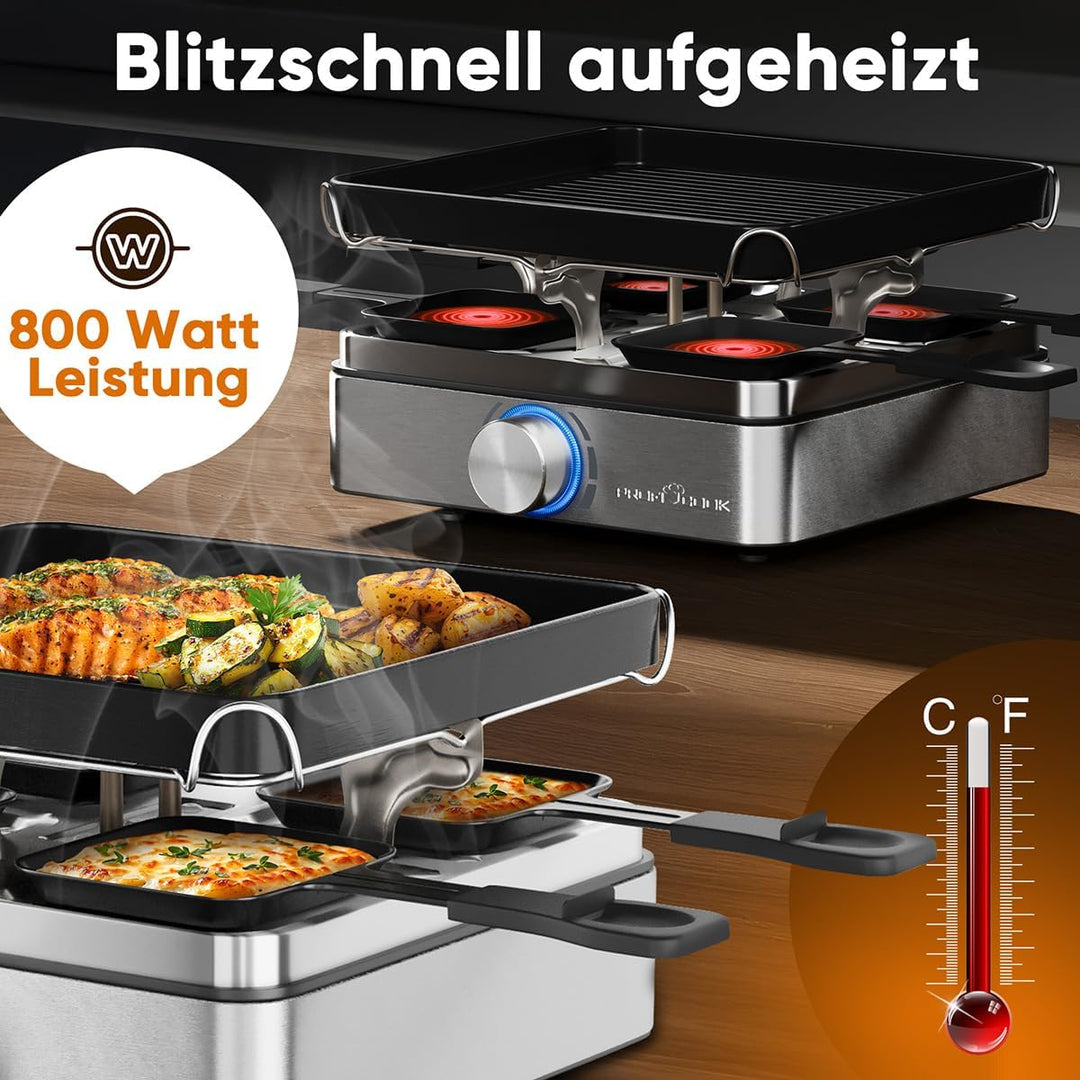 ProfiCook® Raclette 4 Personen | inkl. 4 Pfännchen und 4 Holzspachtel | Wendegussplatte für gleichmä