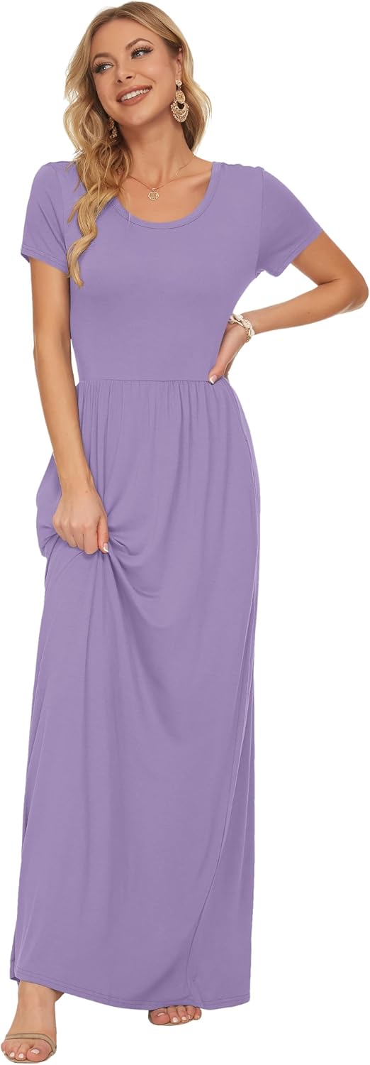 AUSELILY Damen Kurzarm Sommer Casual Long Maxi Kleider mit Taschen | Ganzjähriges Tragen, solider Bl