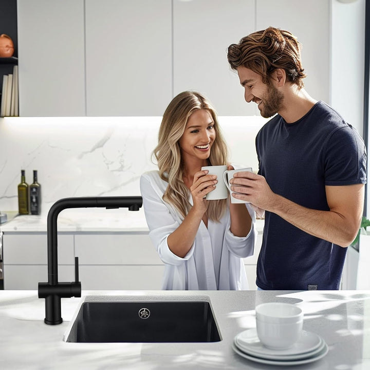 Küchenarmatur mit Brause Ausziehbar, Hochdruck Wasserhahn Küche Schwarz mit Zwei Wasserstrahlarten,