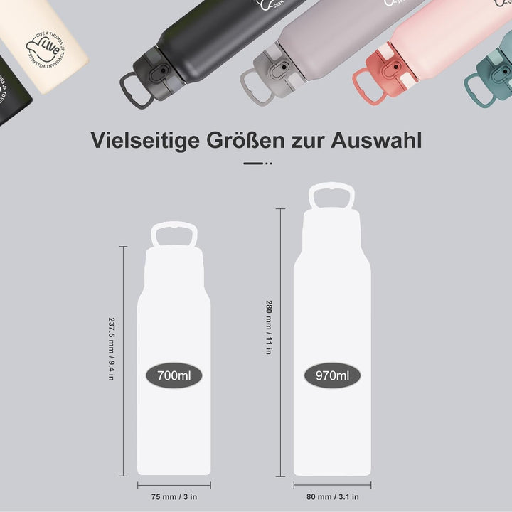 UZSPACE Edelstahl Trinkflasche 1l (970ml), Isolierte Thermosflasche mit 1-Klick-Öffnung, 100% Auslau
