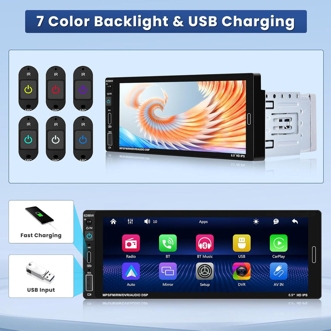 Hikity 1 Din Autoradio Bluetooth Wireless CarPlay und Android Auto, 1 DIN Car Radio mit mit 7 Zoll B
