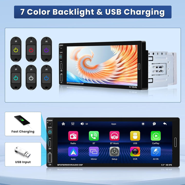 Hikity 1 Din Autoradio Bluetooth Wireless CarPlay und Android Auto, 1 DIN Car Radio mit mit 7 Zoll B