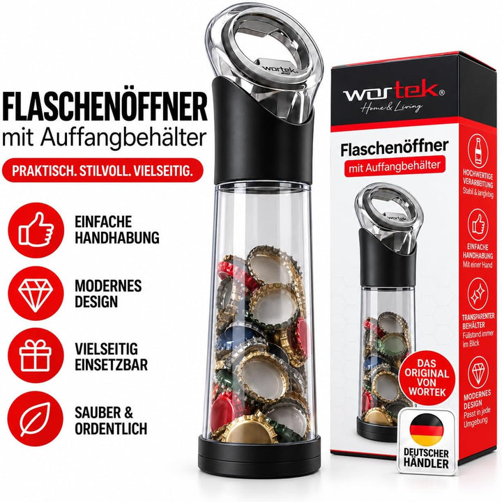 wortek Flaschenöffner mit Auffangbehälter - Getränkeöffner Bieröffner Bierflaschenöffner Kronkorken