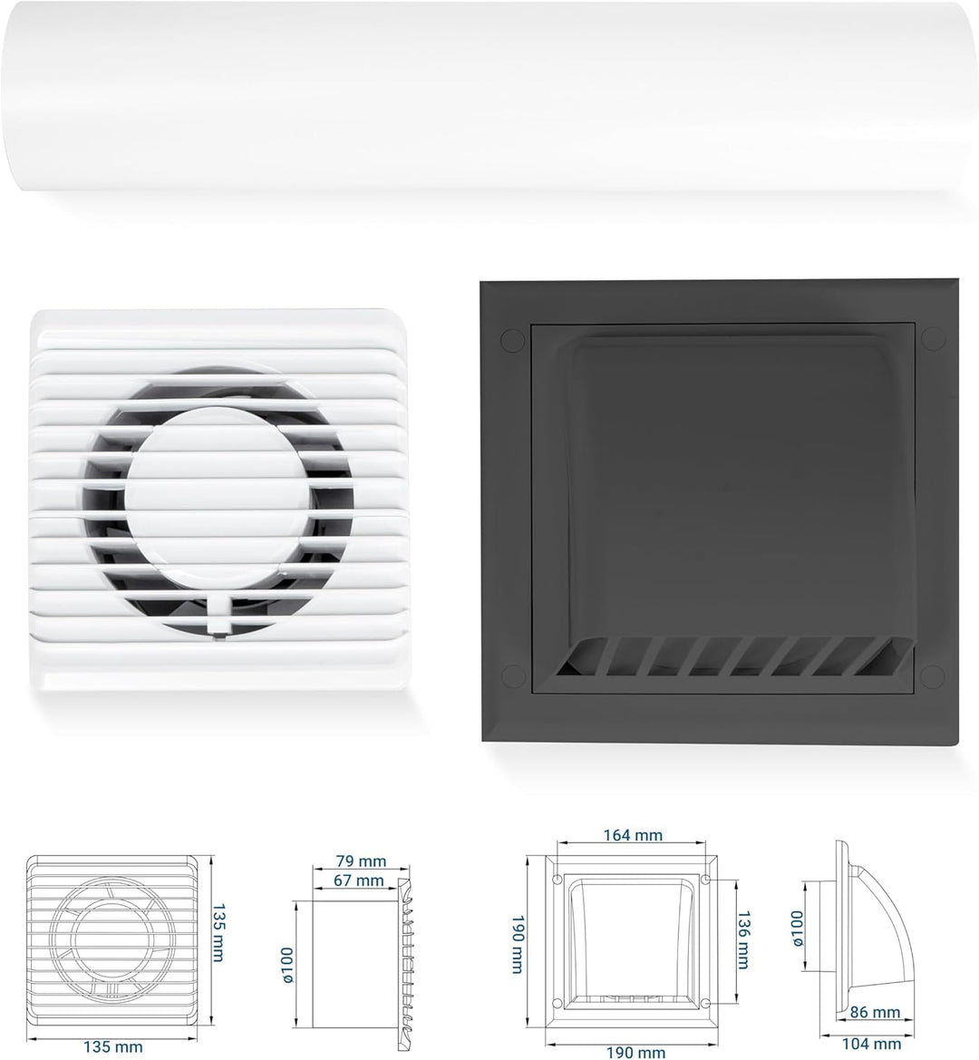 SYSTERM Abluftset Ø 100 mm mit Ventilator, Lüftungsanlage und Aussenlüftung Wetterschutzgitter. Klei