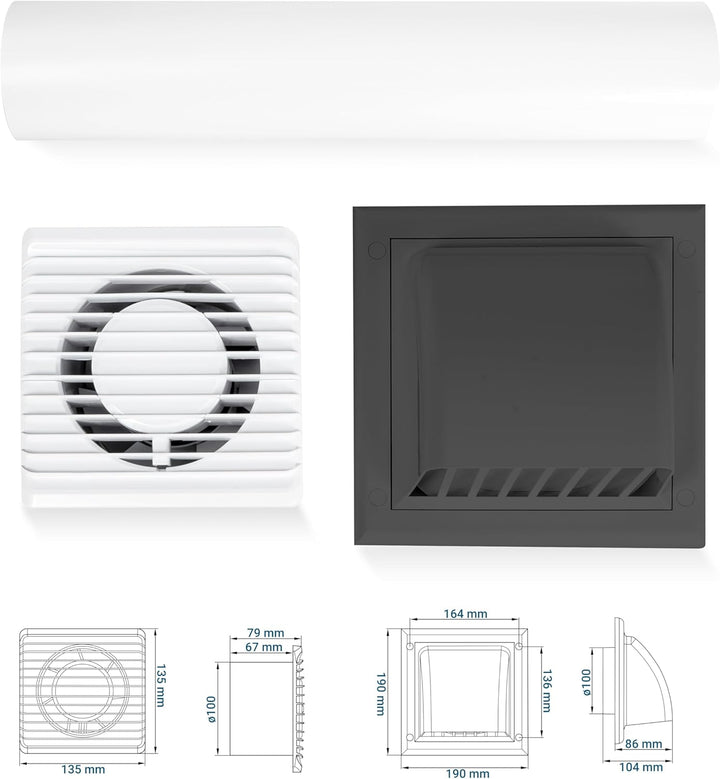 SYSTERM Abluftset Ø 100 mm mit Ventilator, Lüftungsanlage und Aussenlüftung Wetterschutzgitter. Klei