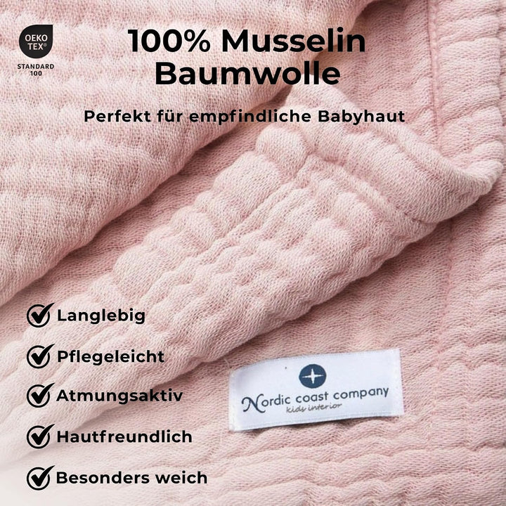 nordic coast company® Musselin Decke Baby Puckdecke Fransen Babydecke Musselin Mulltuch Pucktuch Spu