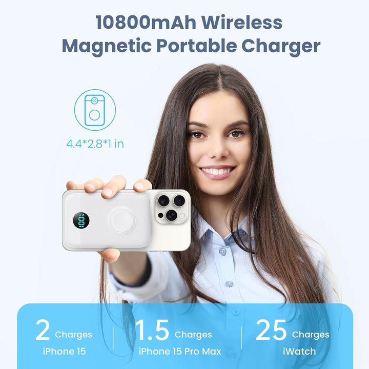 Magnetische Powerbank 10800mAh für Mag-Safe, 4-in-1 Wireless Power Bank mit i-Watch Ladegerät,QC4.0+