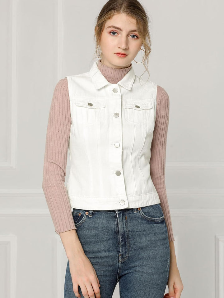 Allegra K Damen Jeansweste Ärmellos Knopfleiste Sommer Denim Revers Jacke Westen mit Taschen XS Weis