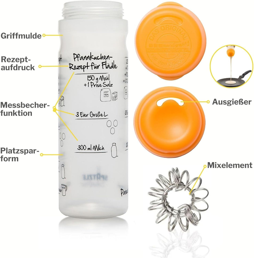 Pfannkuchen-Shaker (875ml, orange) einfach Teig machen und portionieren mit Rezeptaufdruck für Crêpe