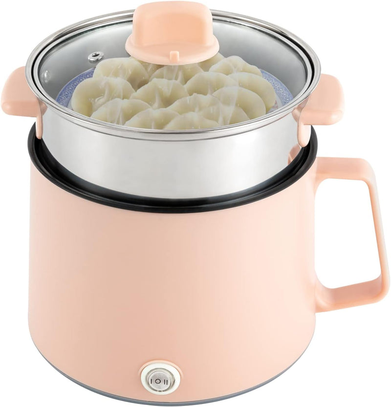 Elektrische Hot Pot und Dampfgarer,1.7L Tragbare Mini Antihaft Multikocher, Schneller Ramen Kocher,