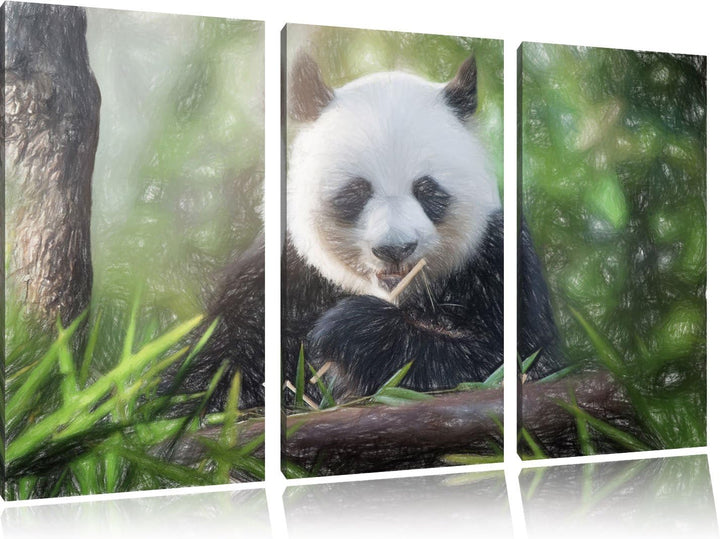 Pixxprint Niedlicher Panda isst Bambus als Leinwandbild/Grösse: 3 Teilig (120x80) / Wandbild/Kunstdr